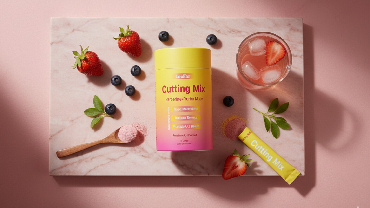 Cutting Mix product with fresh berries and morning routine