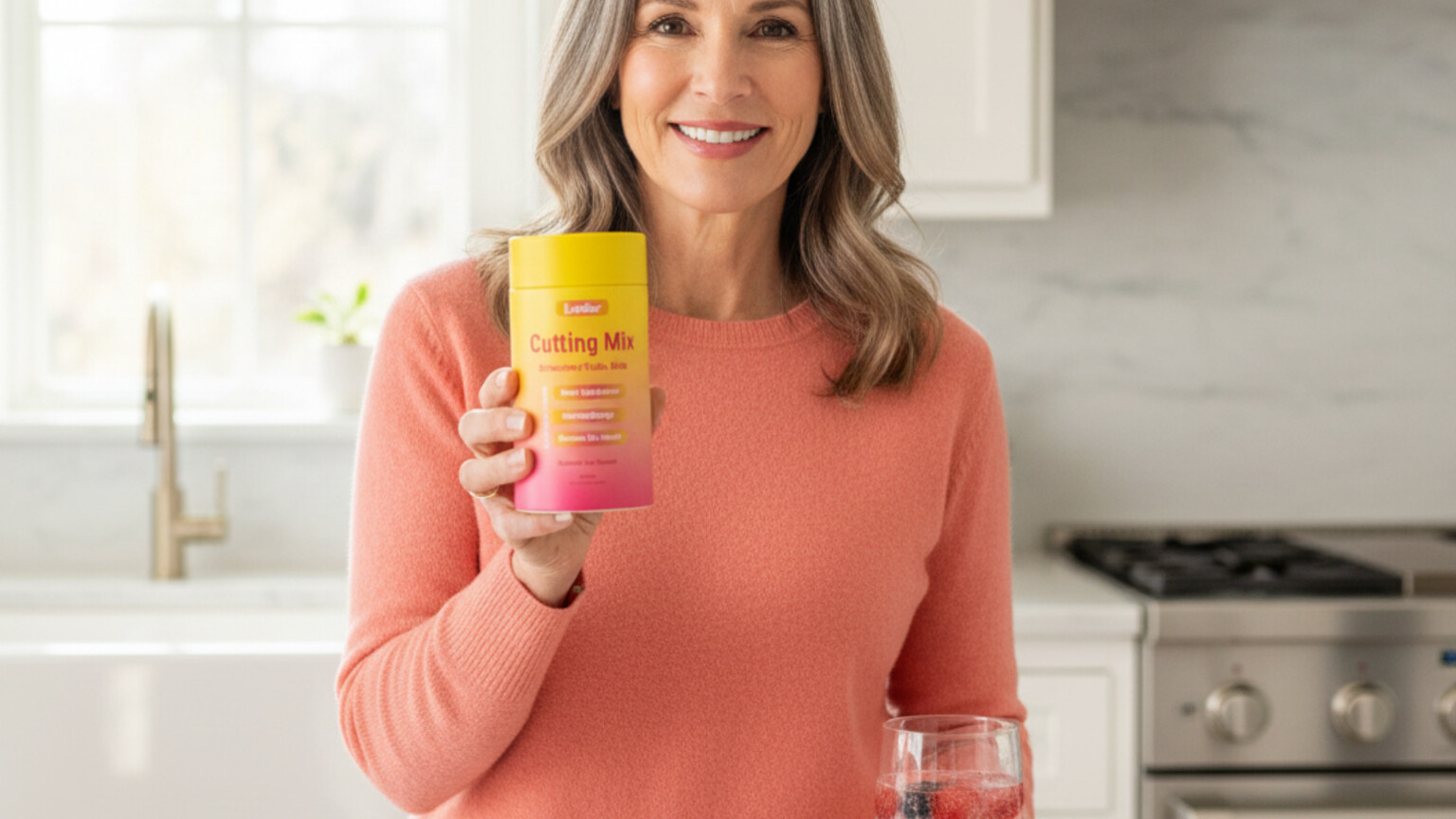 Customer holding Cutting Mix jar in her kitchen