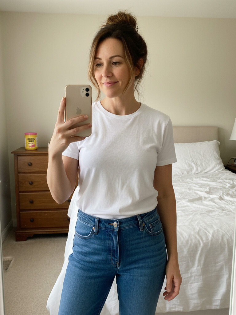 Customer mirror selfie showing how her jeans fit better